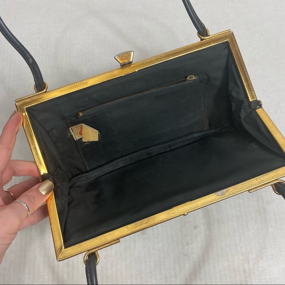Vintage‎ Essell England 50s Black Gold Hand Bag - Picture 7 of 14